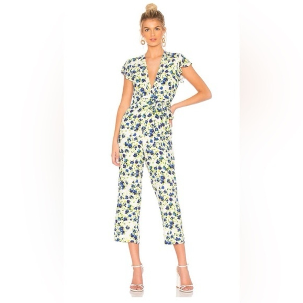 Privacy Please Floral Goodwin Cropped Jumpsuit Blue and Green Floral Small